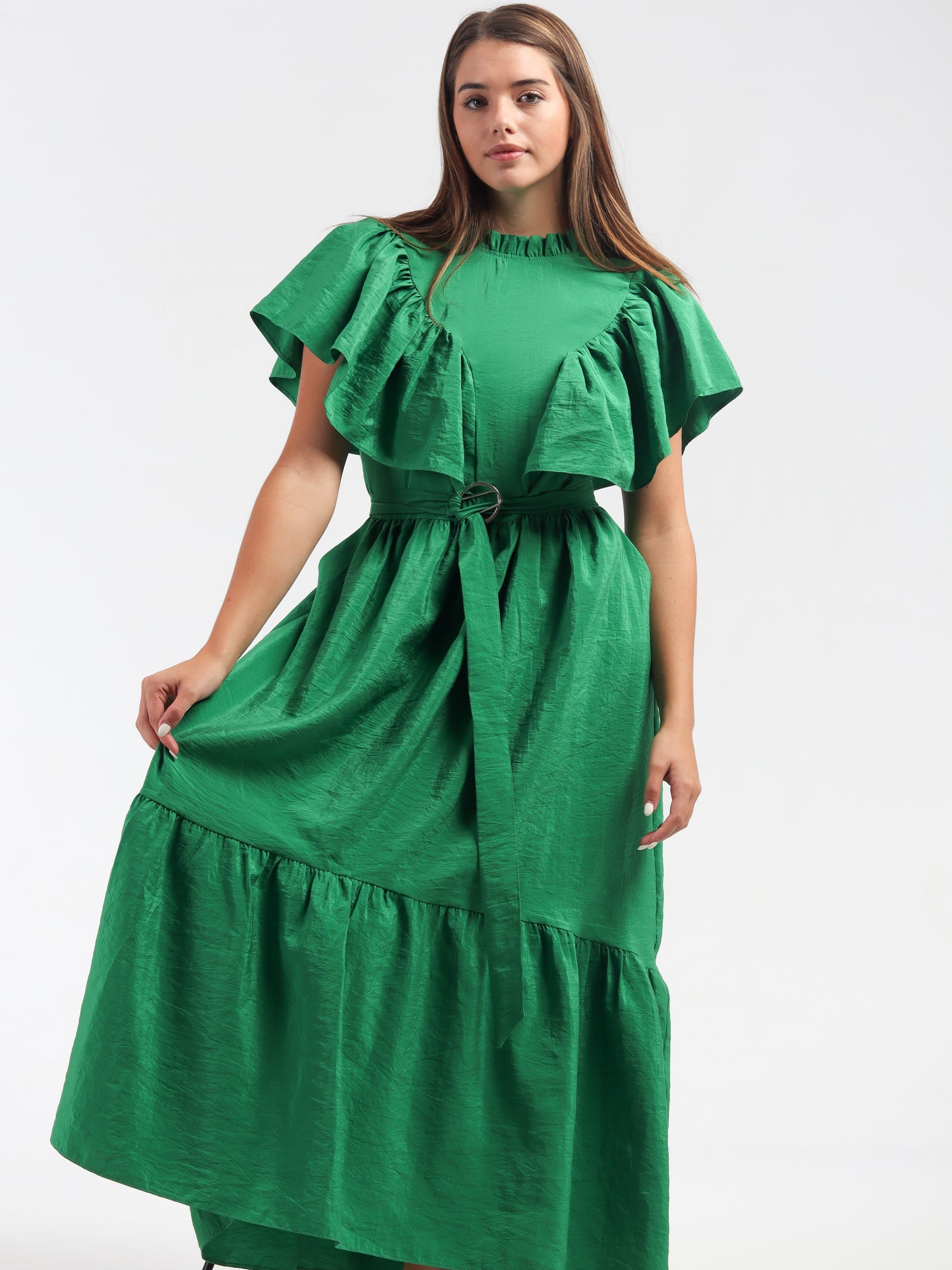 Cadmium Green Ruffles & Pleats Dress