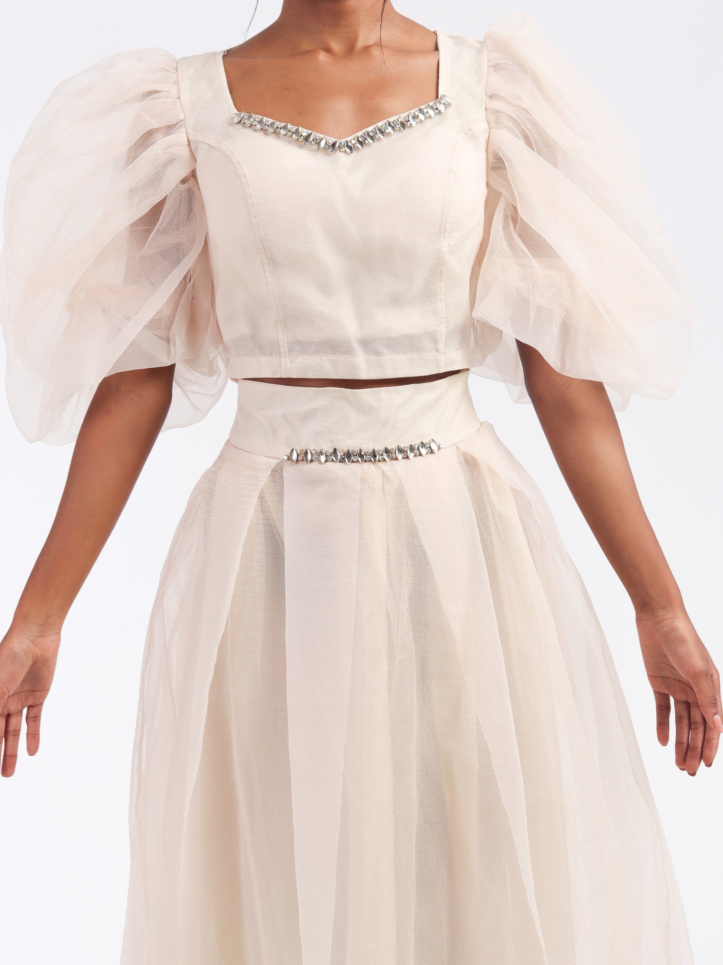 Ivory Embellished Tulle Skirt & Blouse