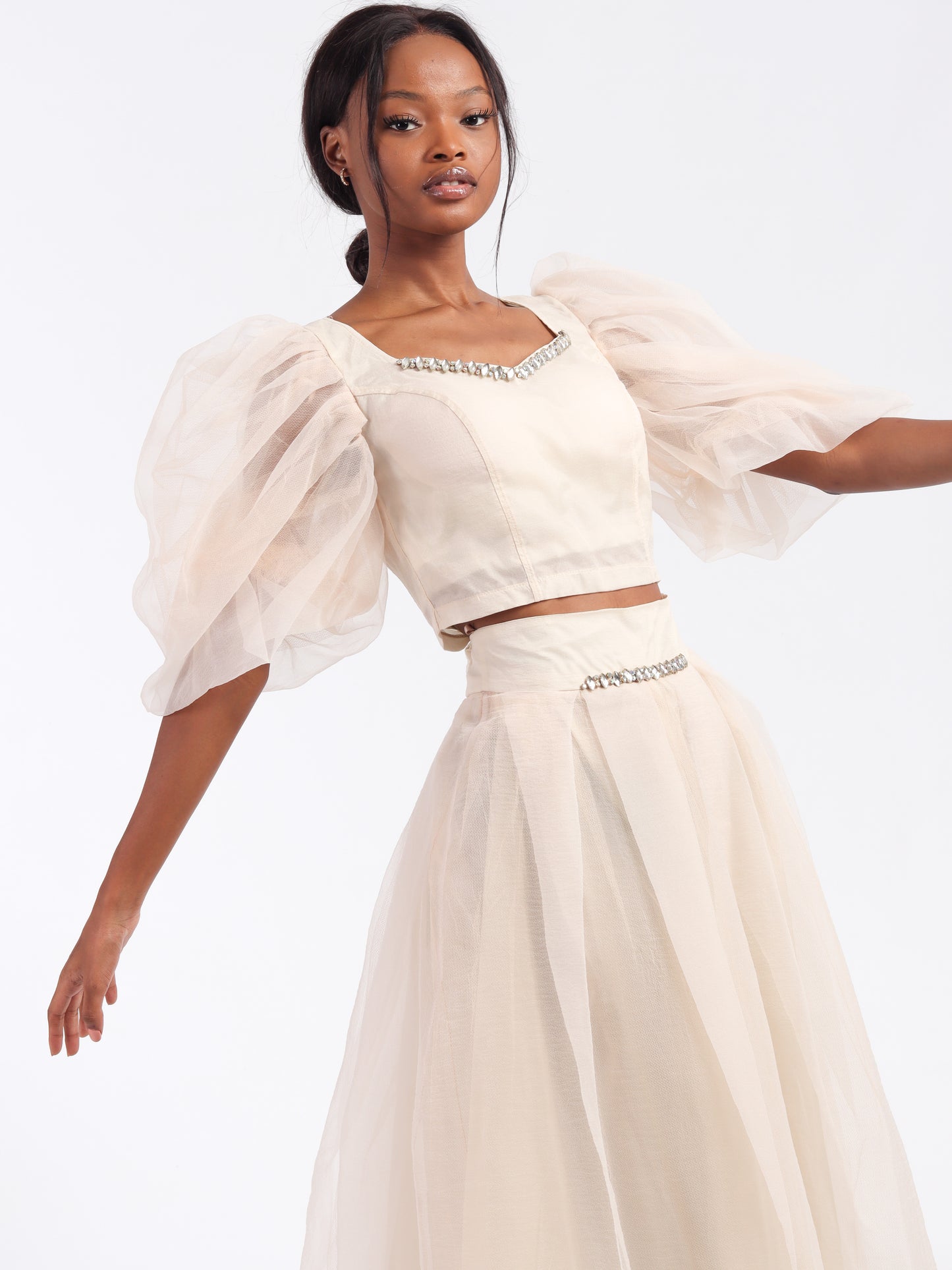 Ivory Embellished Tulle Skirt & Blouse