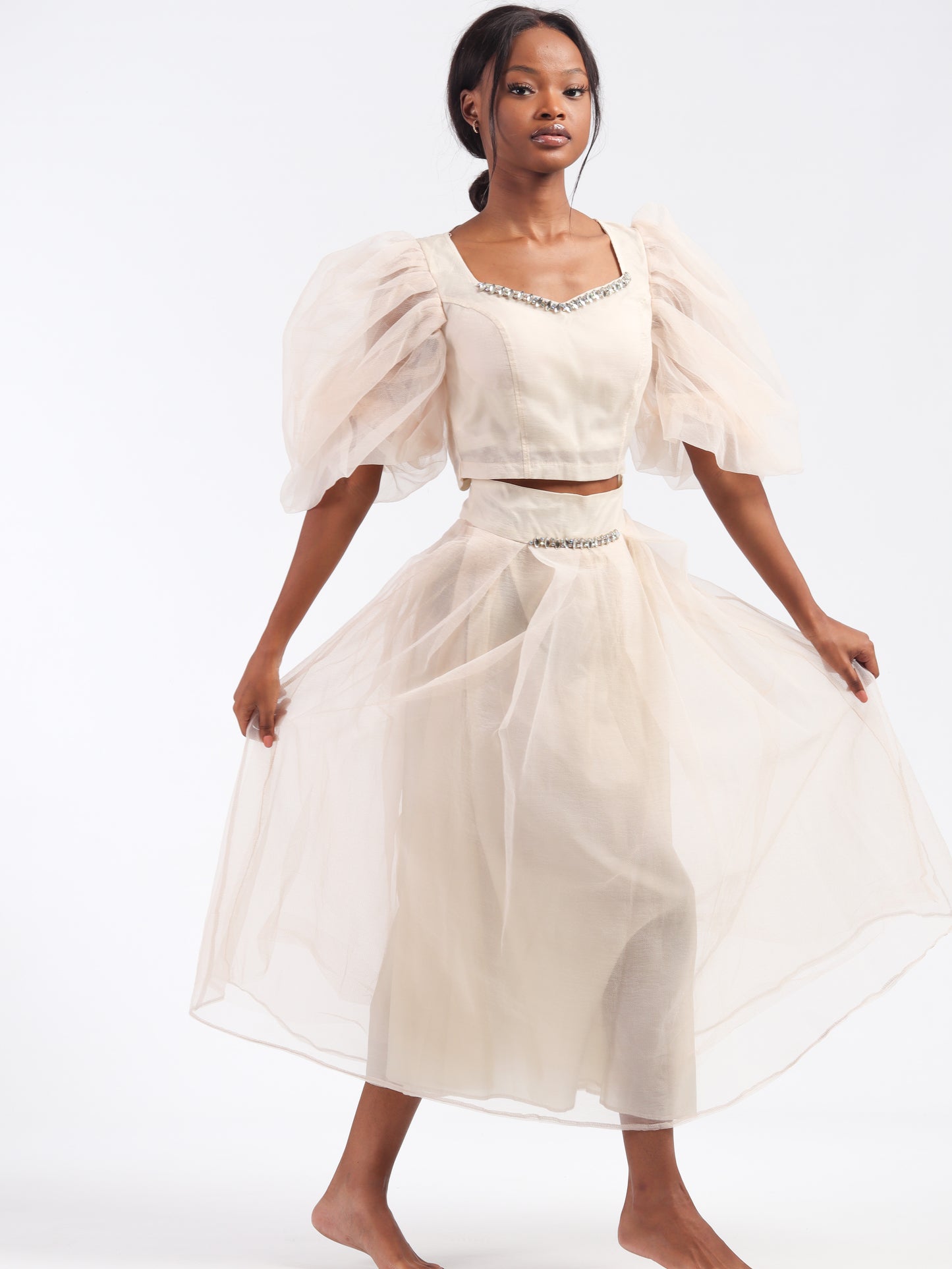 Ivory Embellished Tulle Skirt & Blouse