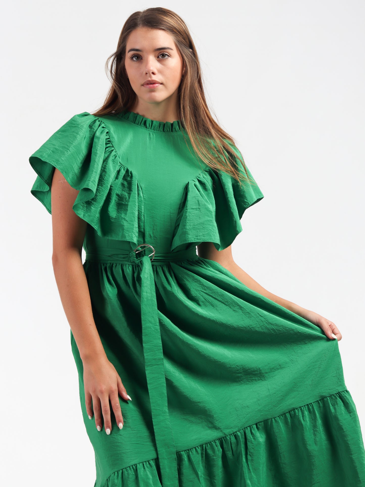 Cadmium Green Ruffles & Pleats Dress