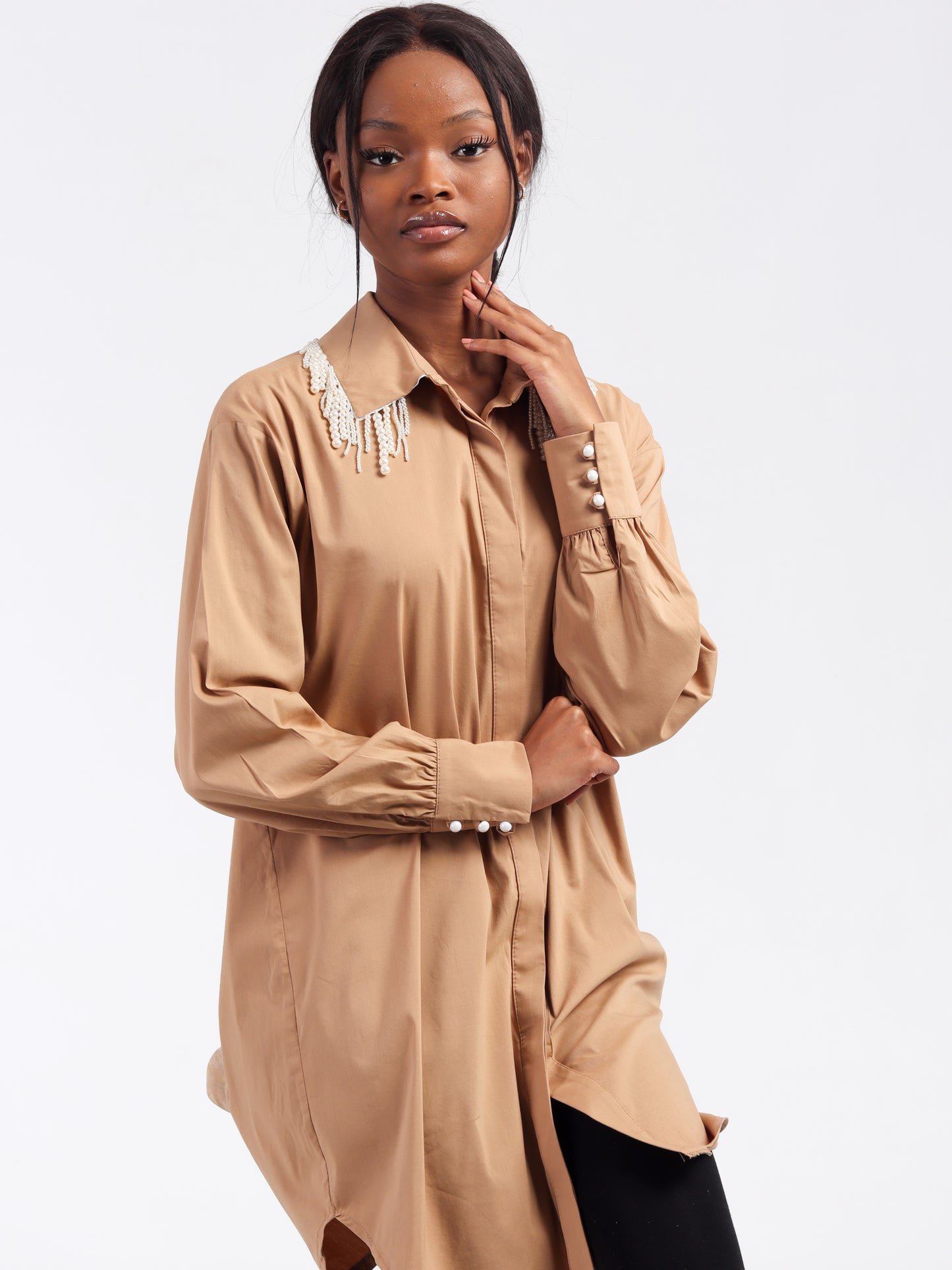 Mocha Collar Pearl Shirt